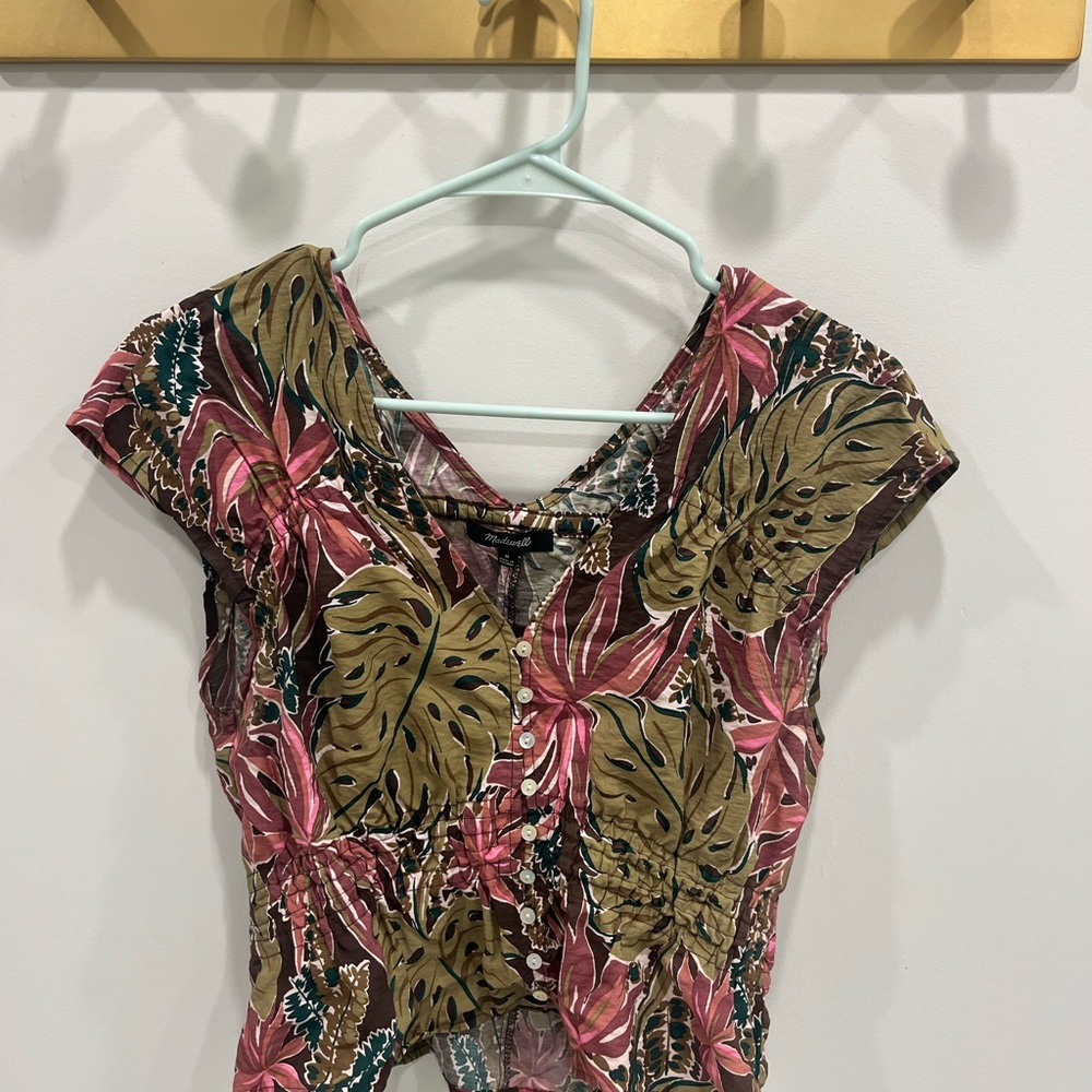 Madewell Tropical Leaf Print Blouse - Pink and Green